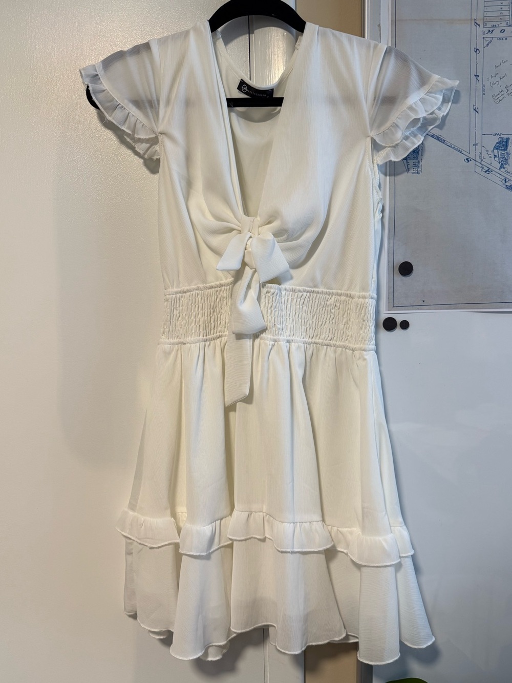 White tie-front ruffle babydoll mini dress